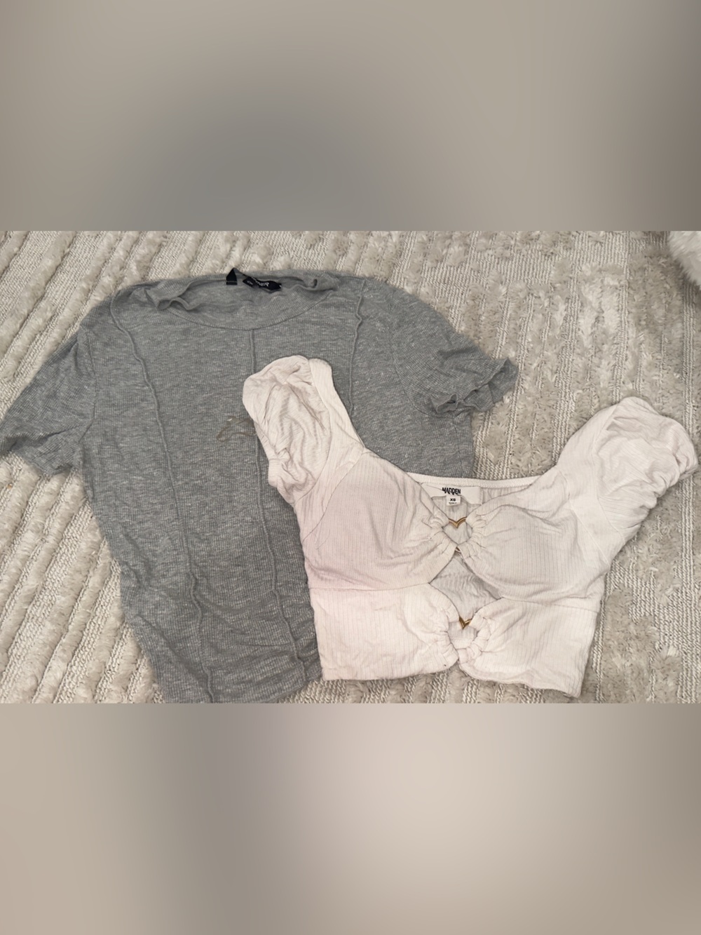 Madden Girl Ruched Front Crop Top with Heart and Puff Sleeves